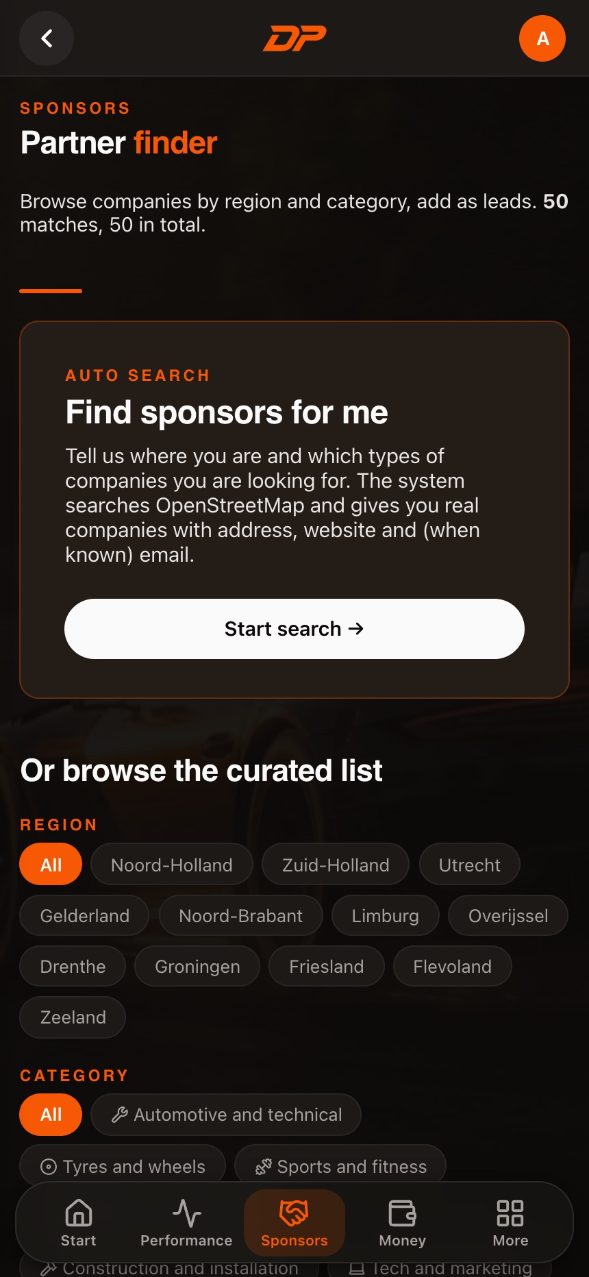 Sponsor finder in the app